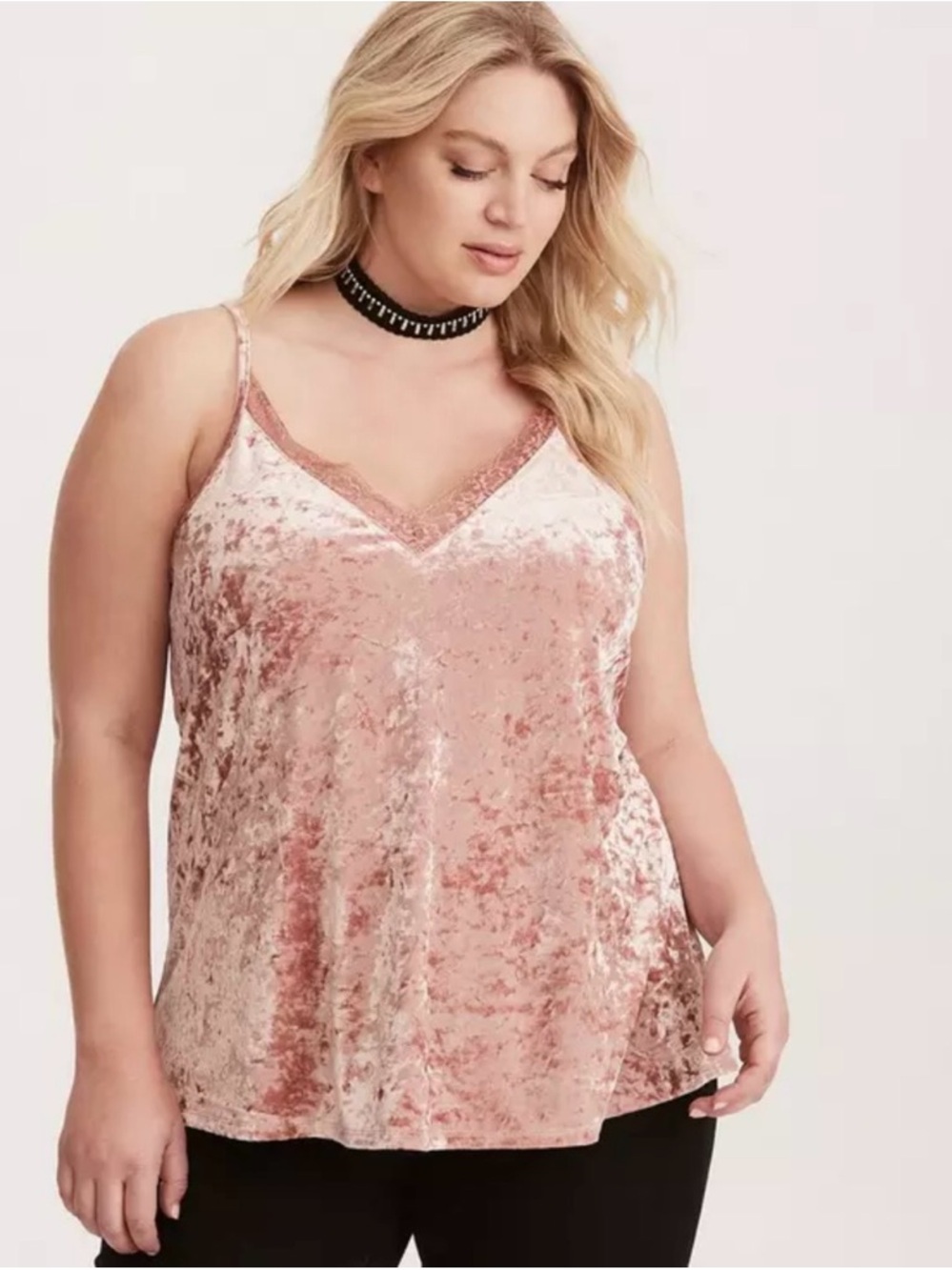Velvet Lace Trim V-Neck Cami in Blush Pink